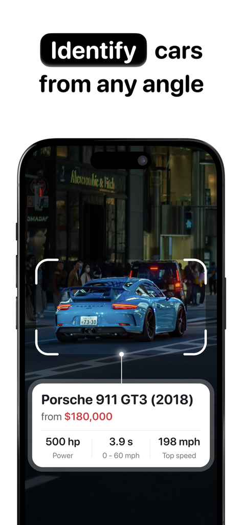 Car Identifier: CarSnap - CarSnap app identifying a blue Porsche 911 GT3 and showing its price and performance specifications