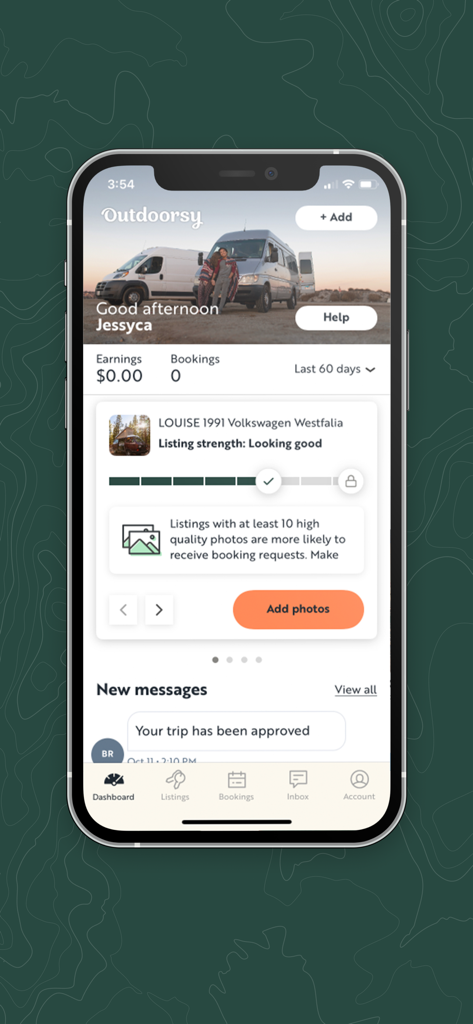 Tableau de bord de l'application Outdoorsy Host montrant les revenus de location de VR et la gestion des annonces