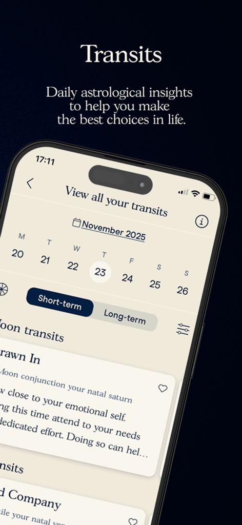 Soulloop app screen showing daily astrological transits and insights with a calendar view.