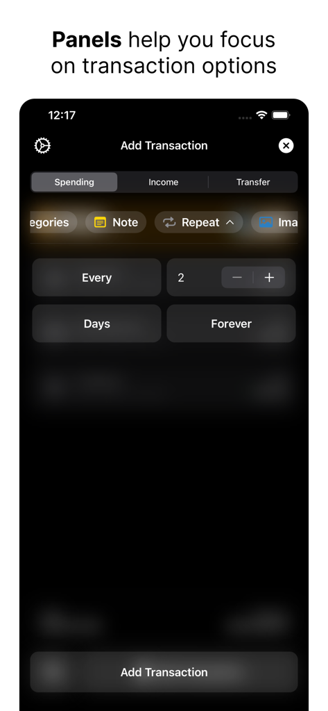 Spendy - Spendings reimagined - Spendy app screen showing the recurring transaction settings in dark mode