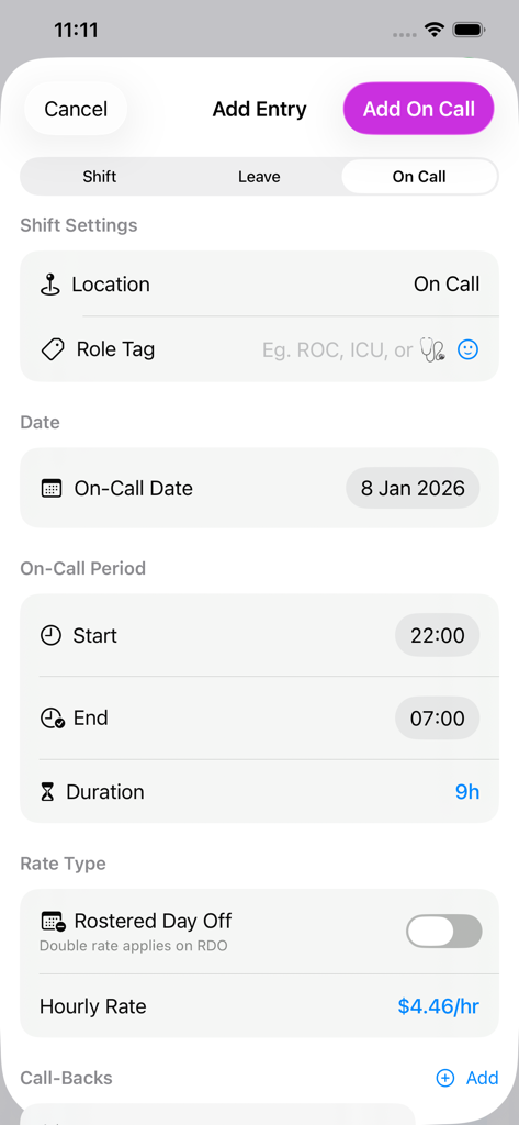 MyRoster - MyRoster app interface for adding an on-call shift entry including duration and hourly rate