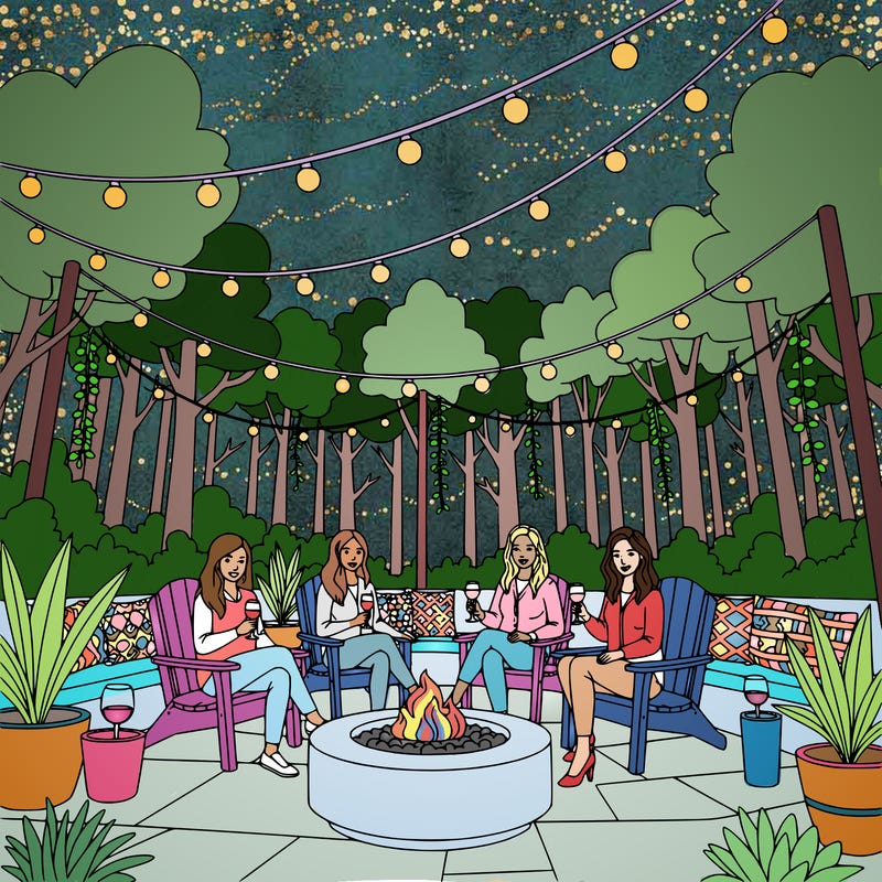 5 women posing for a photo while sitting around a fire pit drinking wine.  include string lights, outdoor decor, nature, etc