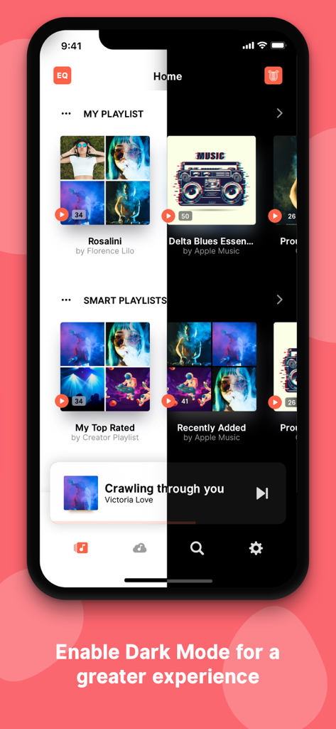 Equalizer+ Music amp & Podcast - A split-screen comparison of the Equalizer plus app interface showing light and dark mode themes on a smartphone.