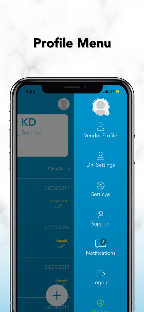 The profile menu interface of the MyFatoorah business app showing vendor and settings options