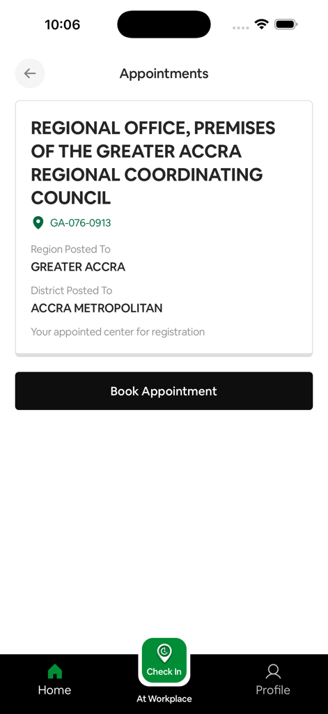 NSS Connect - NSS Connect アプリの「予定」画面。地域事務所の登録詳細と「予約」ボタンが表示されます。