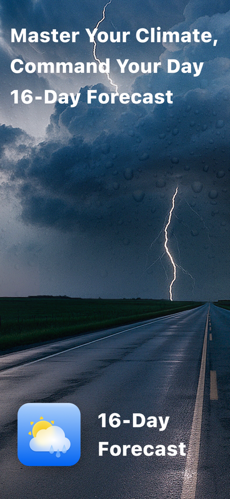 Live Weather - Widget, Radar - Captura de pantalla promocional de la aplicación Tiempo Real mostrando una función de pronóstico de 16 días sobre un fondo dramático de tormenta eléctrica.