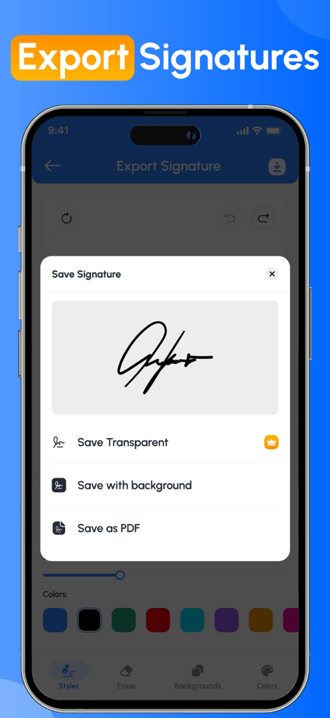 Interface of the Signature Creator app showing options to save a digital signature as a transparent image, with a background, or as a PDF.