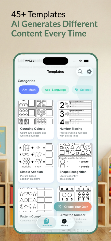 Education AI: WorkSheets Maker - Die Benutzeroberfläche der Education AI-App zeigt druckbare Arbeitsblattvorlagen zum Zählen, Schreiben und für Mathematik.