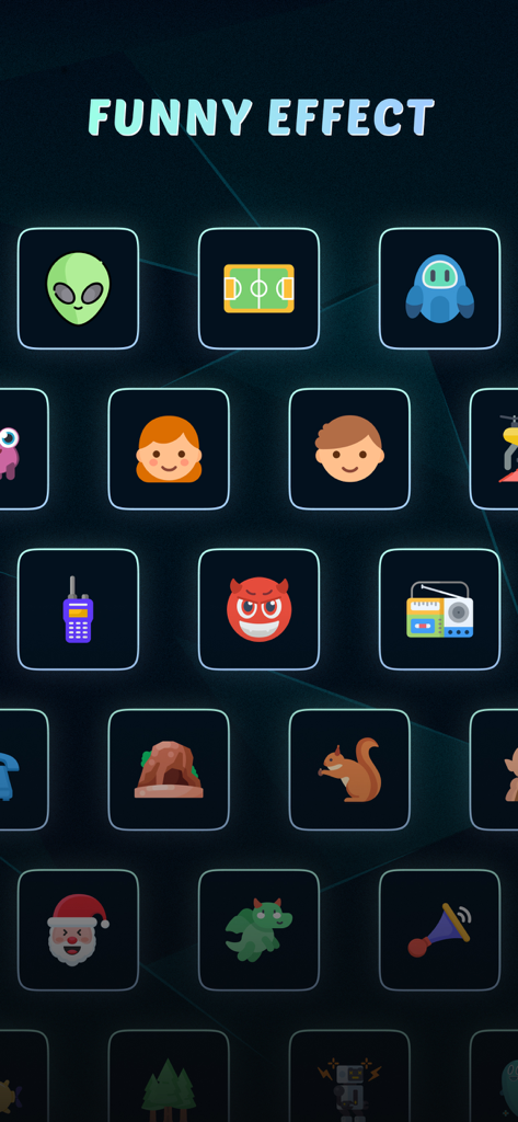AI Voice Changer Funny Effects - A grid of colorful icons representing different funny voice effects like an alien, a devil, and a santa character.