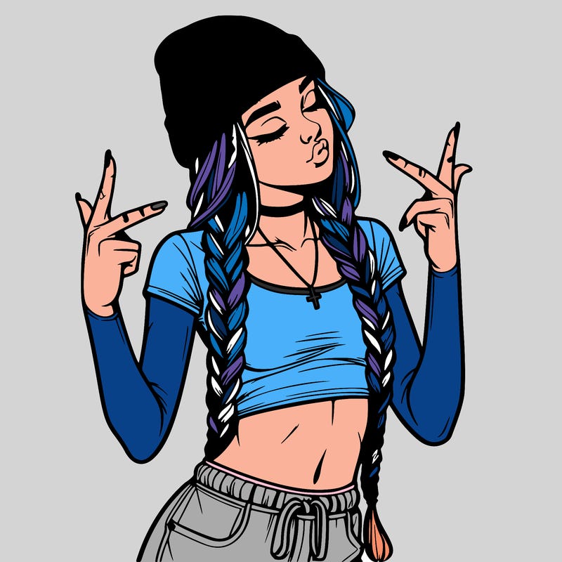 realistic teenage girl with braids and a beanie and crop top doing 🫶🏼