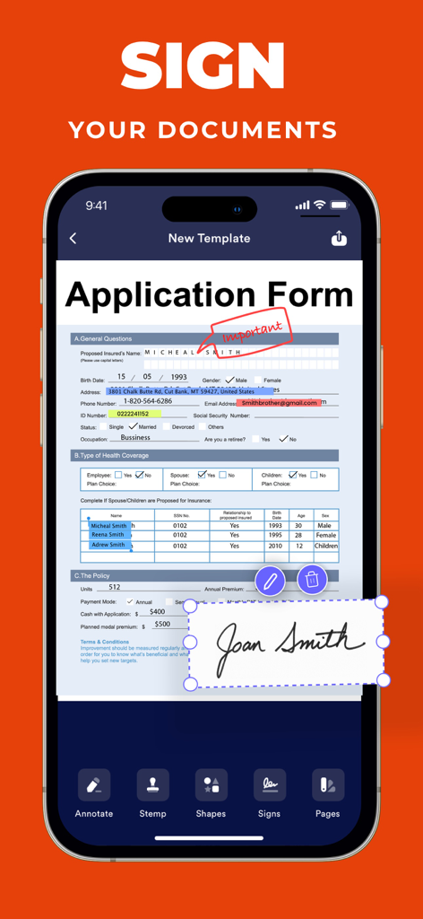 A smartphone showing an application form being digitally signed using the PDF Photos and PDF Converter app.