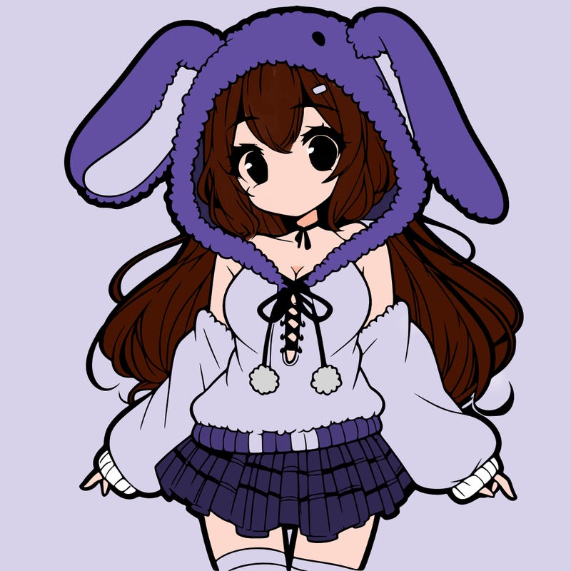 pretty anime girl wearing a fluffy hoodie with bunny ears on the hood and a skirt
