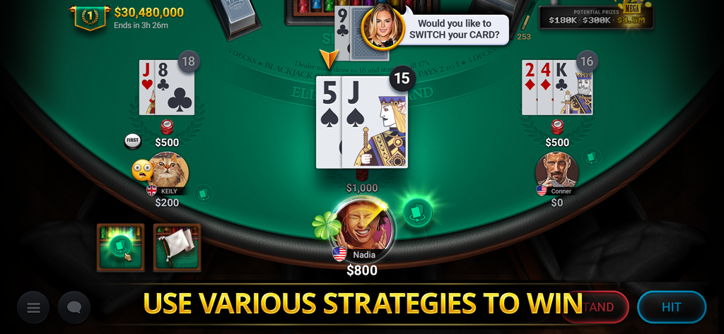 Blackjack Championship - Blackjack Championship gameplay showing a strategic card switch option at a virtual casino table with multiple player avatars