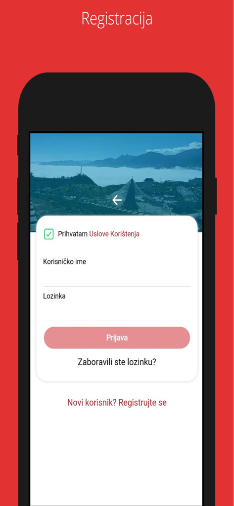Login and registration interface for the VOP Montenegrin news app