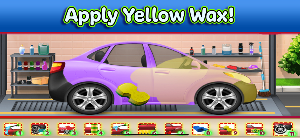Tiny Car & Truck Wash Games - A purple car being waxed with a yellow sponge in a car wash simulator game.