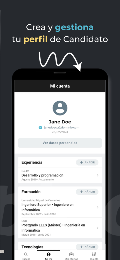 Mobile interface showing a candidate profile in the Tecnoempleo app with sections for IT work experience and education details