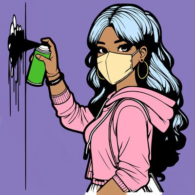 realistic girl with mask spray painting a wall