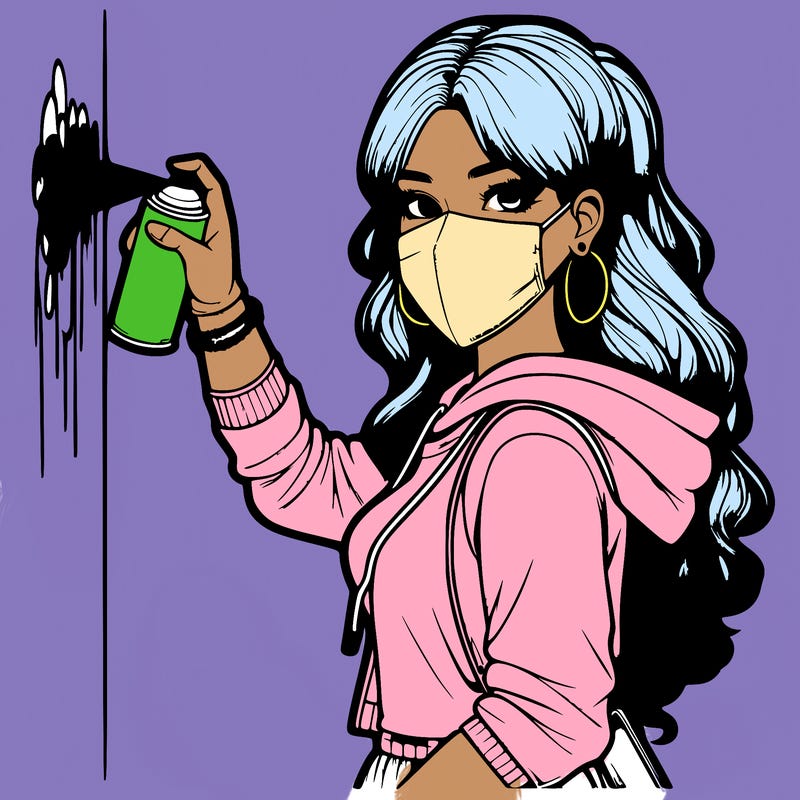 realistic girl with mask spray painting a wall