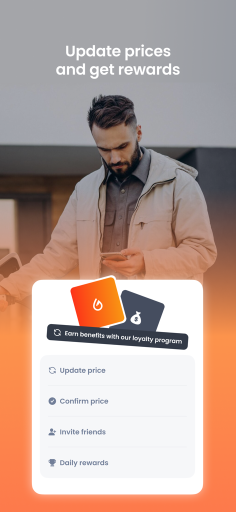 Interface of DrivstoffAppen showing rewards for updating fuel prices and the loyalty program benefits