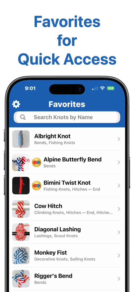 Knot Guide (Lite) - Capture d'écran de l'application Knot Guide Lite montrant la liste des Favoris avec divers nœuds comme le nœud d'Albright et le nœud de poing de singe