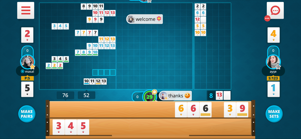 Gameplay screen of 101 Yuzbir Okey showing tiles on a blue board with social chat bubbles and player profiles