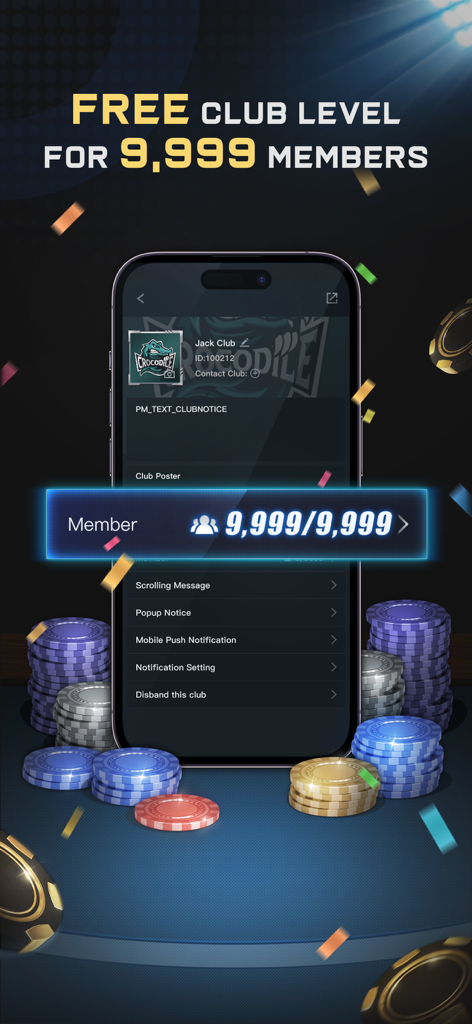 Una schermata promozionale per l'app PokerMan che evidenzia la funzione gratuita di livello club per un massimo di 9999 membri.