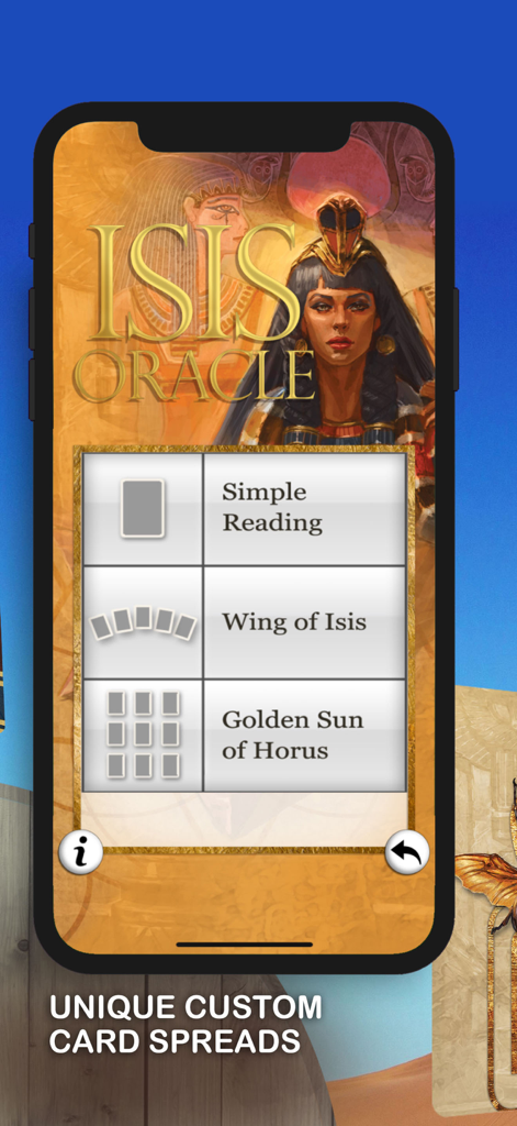 Isis Oracle - Isis Oracle mobile app interface showing custom oracle card spread options like Wing of Isis and Golden Sun of Horus.