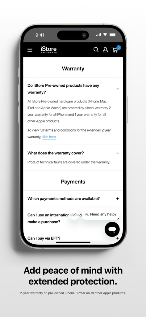 Screenshot of the iStore Pre owned app warranty and payment information page