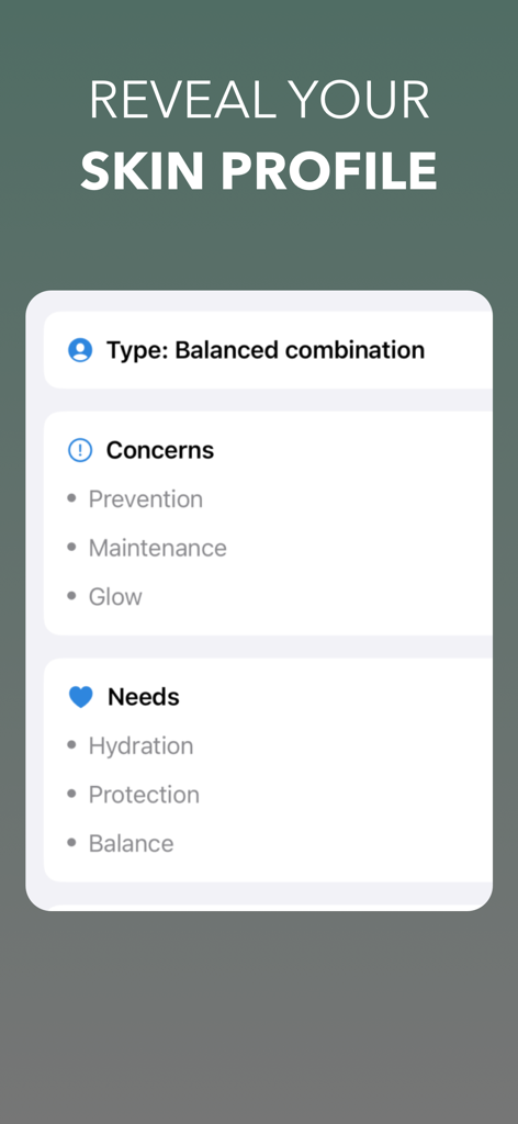 Face Skin Care Analysis⋆ - 균형 잡힌 복합성 피부 타입과 함께 언급된 고민 및 요구 사항을 보여주는 피부 프로필 보고서의 앱 인터페이스.