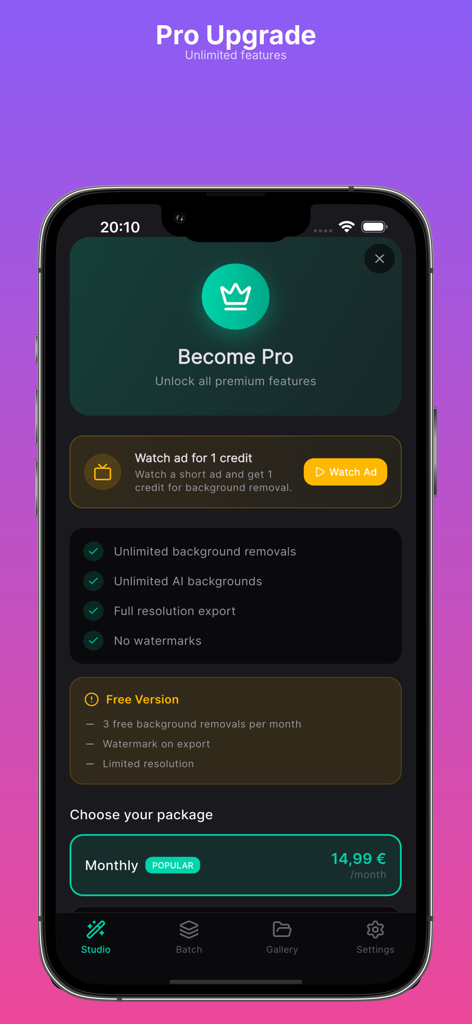 Backdrop AI - Pantalla de actualización de Backdrop AI Pro que muestra los beneficios de la suscripción, como eliminaciones ilimitadas de fondos y sin marcas de agua.