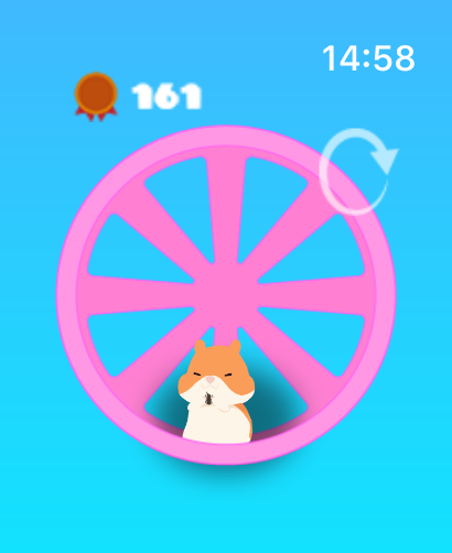 Infinite ∞ Hamster - A cute cartoon hamster sitting in a pink exercise wheel on a blue background