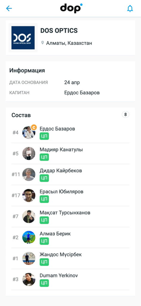 dop —  спортивная соцсеть - A team profile screen in the dop app showing the squad list for a team named DOS OPTICS with player names and jersey numbers