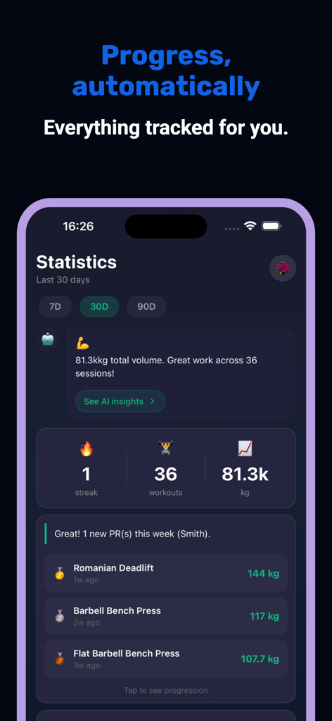 Arvo: AI Workout Coach - Arvo AI workout coach app statistics dashboard showing workout volume and personal records.