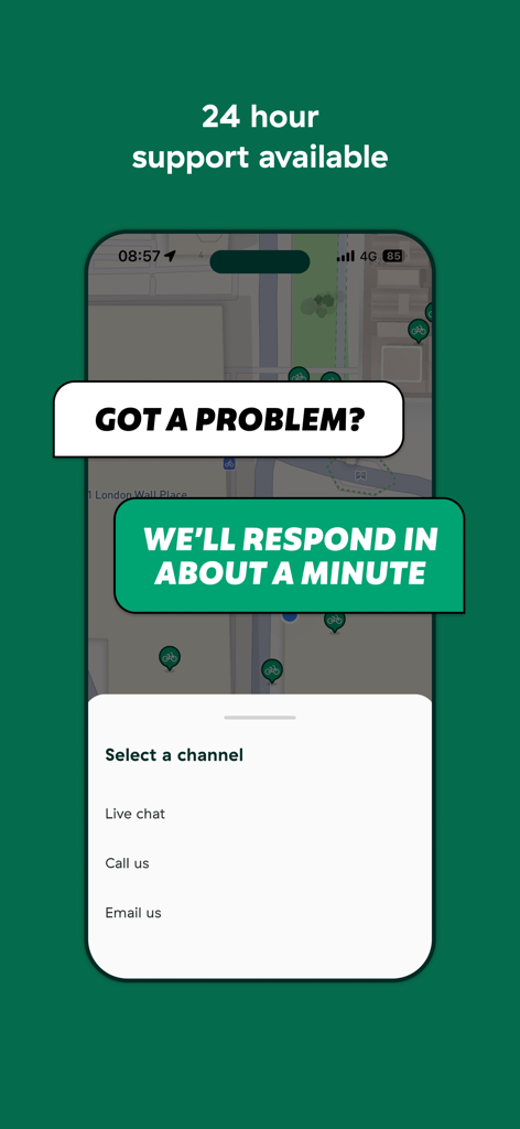 Forest - eBike Sharing - Forest ebike sharing app interface showing 24 hour customer support options including live chat and call us