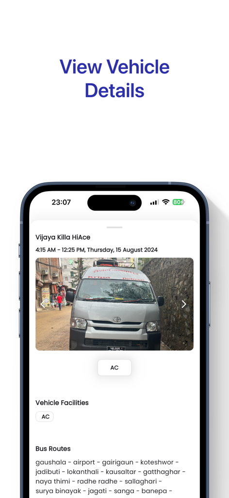 Go My Go - Book Bus Tickets - Captura de pantalla de la aplicación Go My Go que muestra detalles del vehículo del autobús, incluidas fotos, servicios e información de la ruta