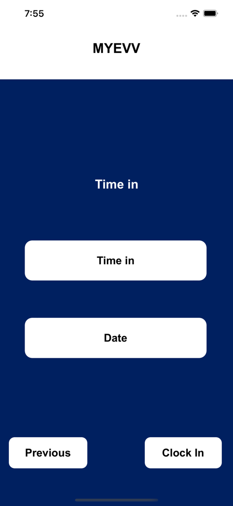 MYEVV - MYEVV mobile app interface showing the Clock In screen with time and date selection buttons