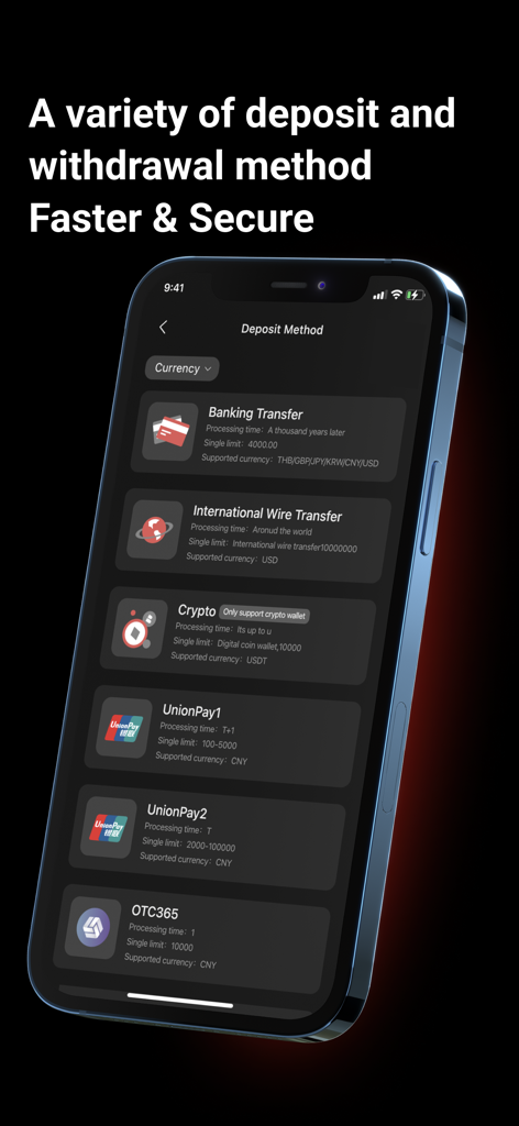 EC Markets app screen displaying multiple secure deposit options including crypto and wire transfer.