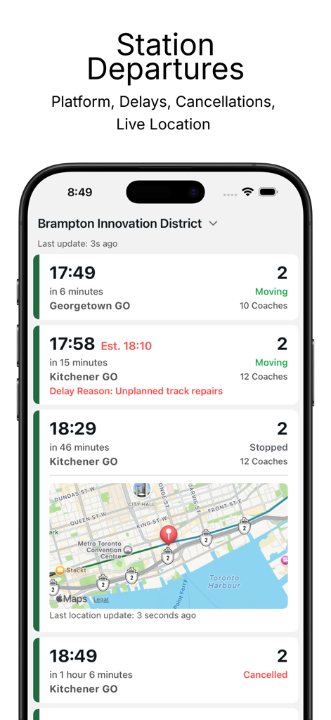 Go Train Track - Go Train Track app screen showing live station departures and train location map