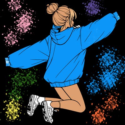 realistic girl jumping with a bun and oversized sweatshirt