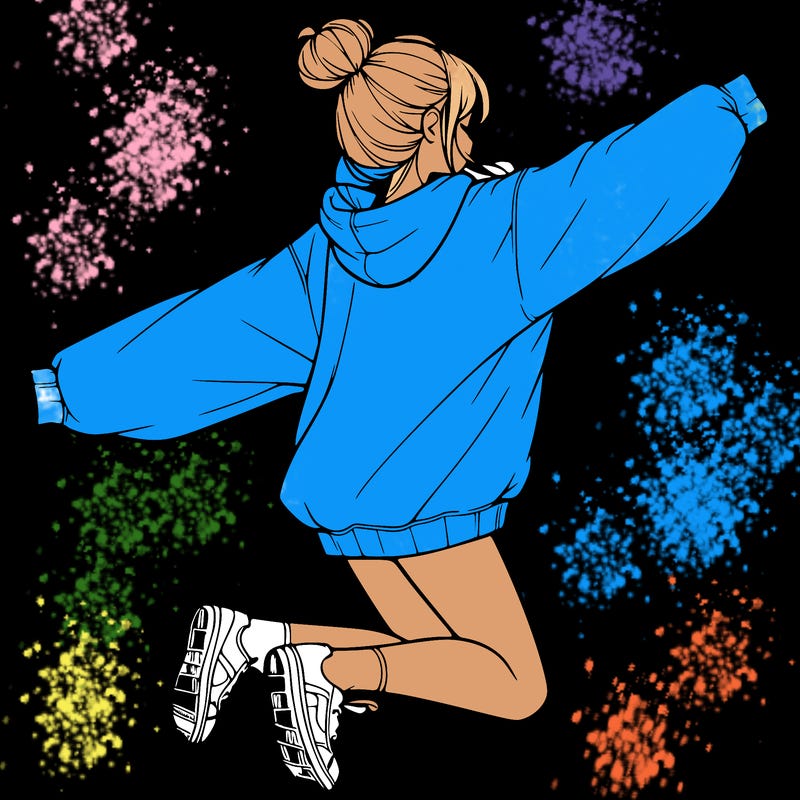 realistic girl jumping with a bun and oversized sweatshirt