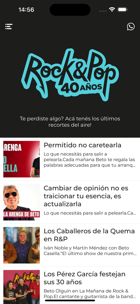 Rock & Pop - Captura de pantalla de la app de radio Rock and Pop mostrando los últimos clips de programas y su logo del 40 aniversario.