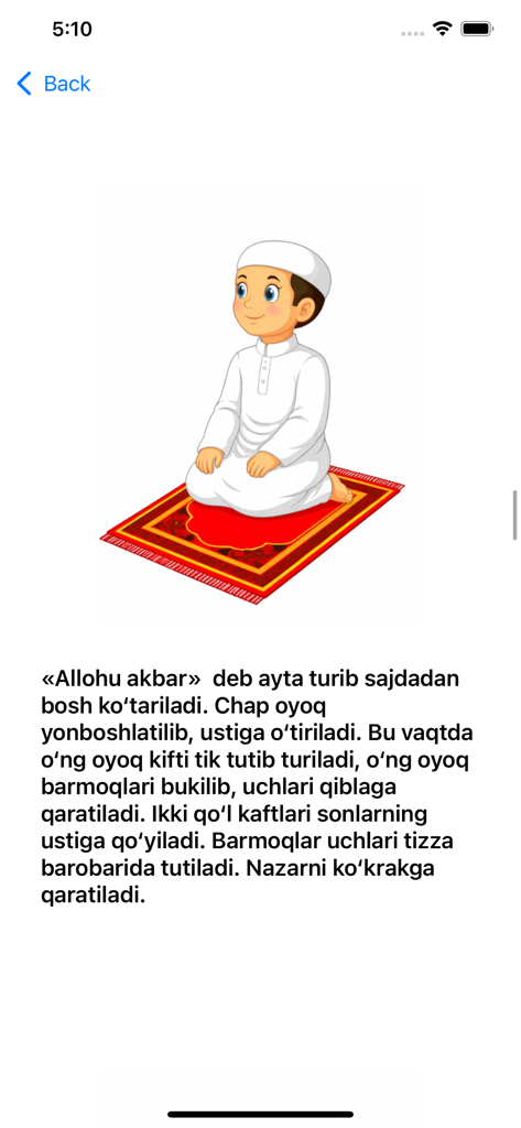 Illustration of a boy sitting on a prayer rug with Uzbek Namoz instructions