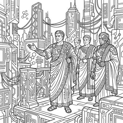 Step into a world where ancient Rome meets a dystopian future with this unique Cyberpunk Roman Senators coloring page. Discover a fascinating blend of historical figures and high-tech aesthetics, perfect for an imaginative coloring adventure.