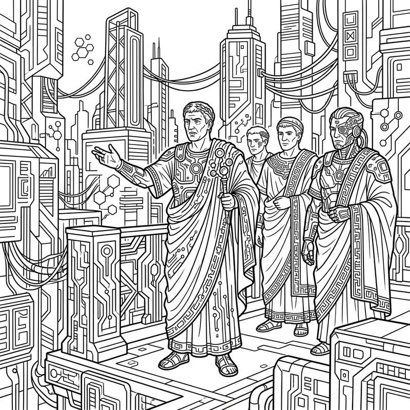 Step into a world where ancient Rome meets a dystopian future with this unique Cyberpunk Roman Senators coloring page. Discover a fascinating blend of historical figures and high-tech aesthetics, perfect for an imaginative coloring adventure.