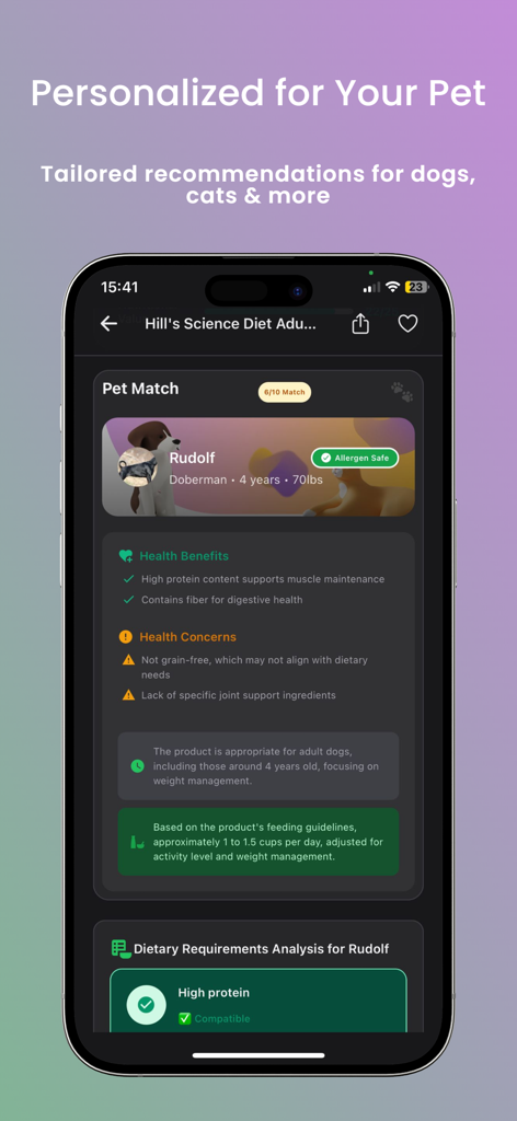 Pawdi - Pet Food Scanner - Interface móvel do aplicativo Pawdi mostrando uma pontuação de compatibilidade personalizada de ração para animais de estimação e insights de saúde para um cachorro