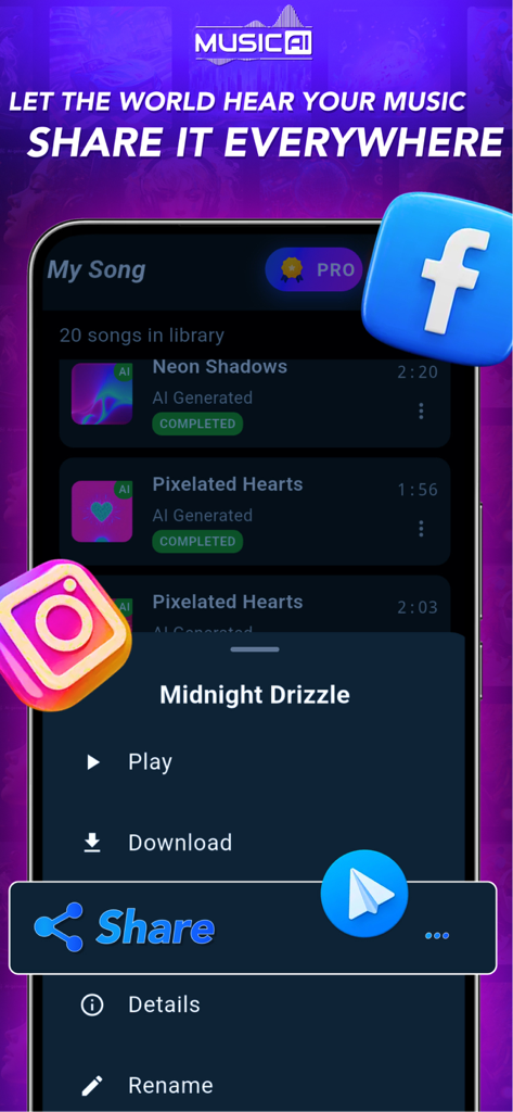 Interface of 3B Music AI showing song library and options to share on social media