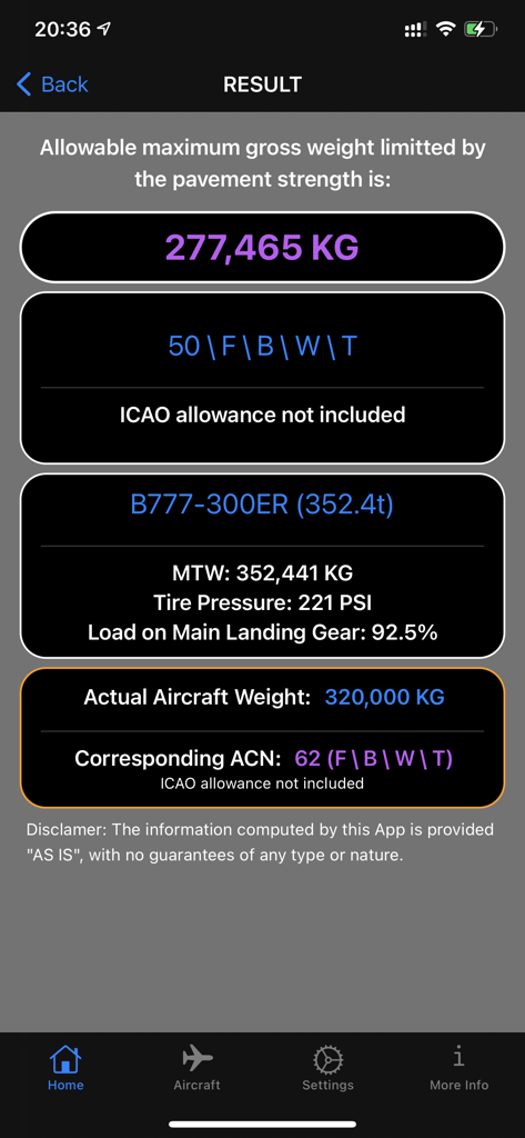 ACN PCN Calculator result screen showing allowable maximum gross weight for a B777-300ER based on pavement strength