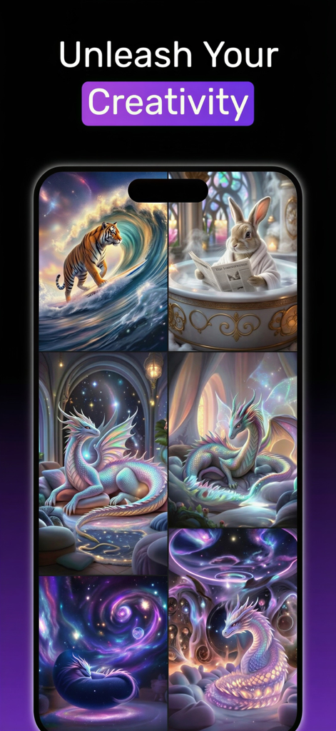 Creator Pro: AI Studio - A gallery of AI-generated images including a surfing tiger and fantasy dragons displayed on a smartphone screen.