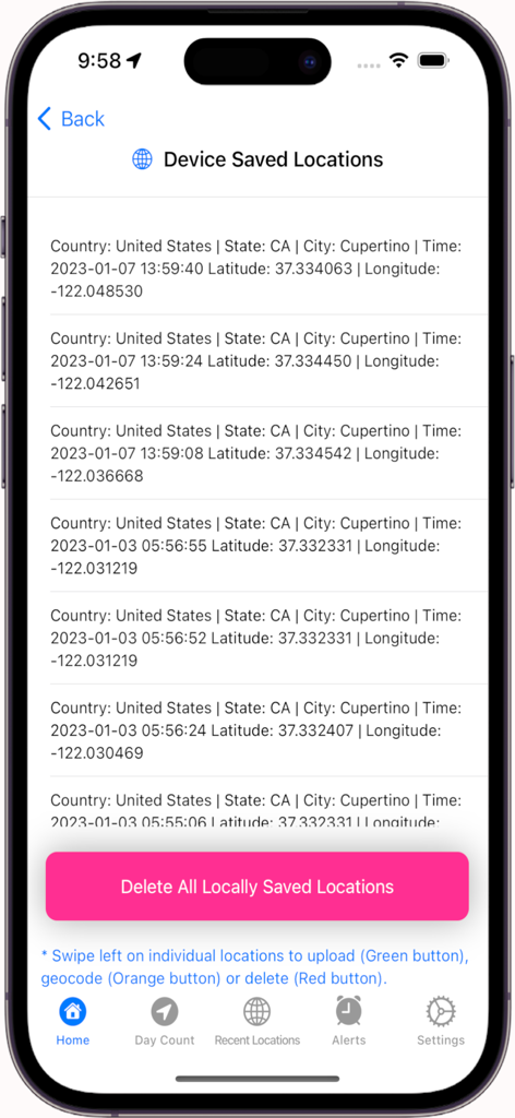 Domicile365 Residency Tracker - List of saved GPS location logs with timestamps and coordinates in the Domicile365 app for tax residency proof