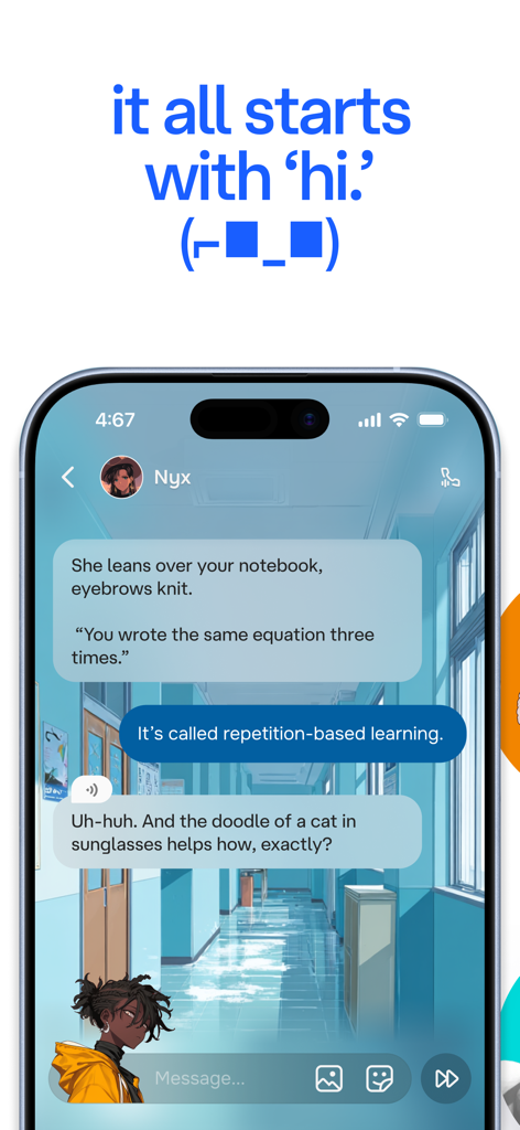 Une capture d'écran de l'application Character AI montrant un chat de jeu de rôle interactif avec un personnage de style anime nommé Nyx dans un décor de couloir d'école.